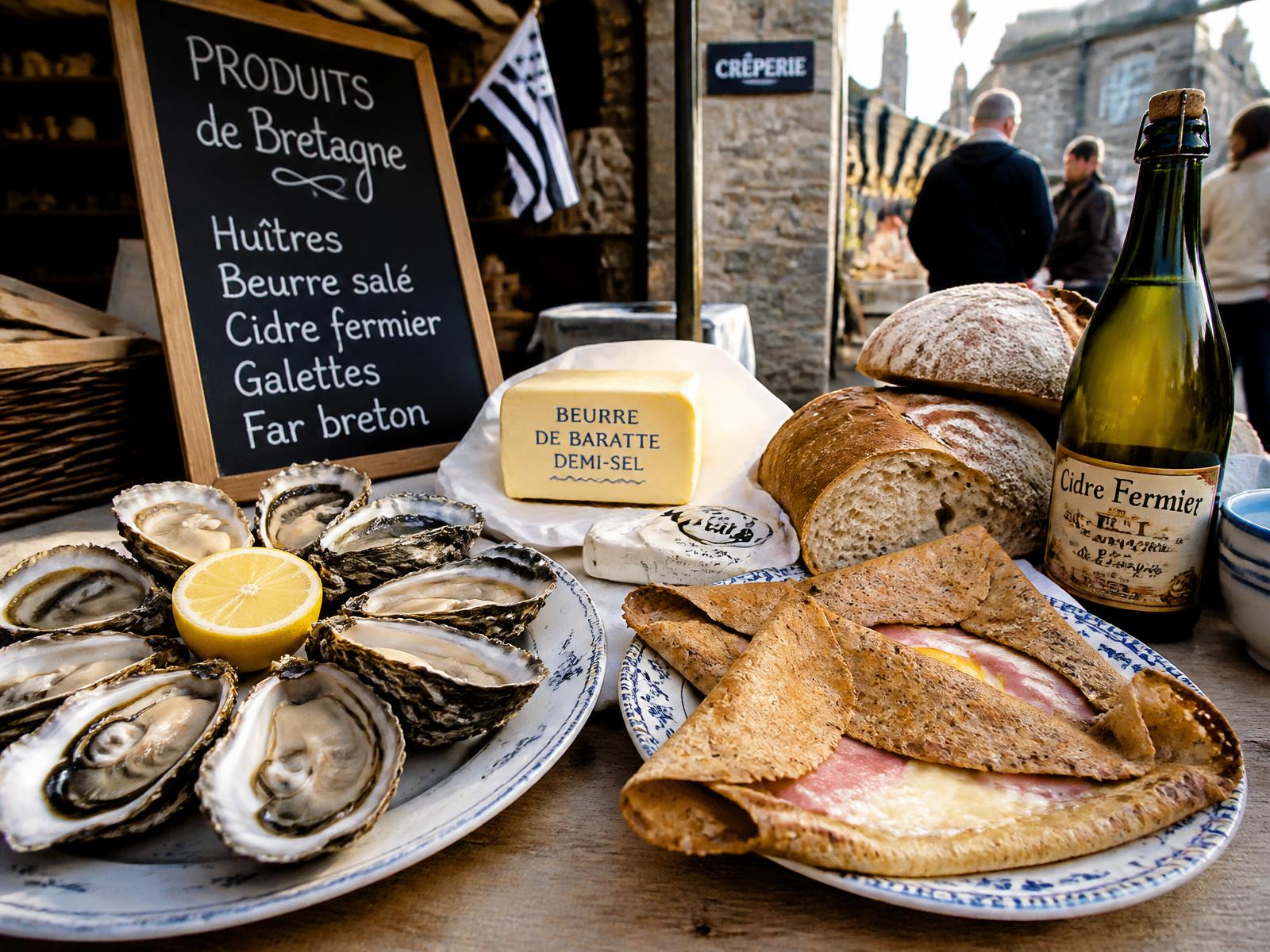 Produits bretons sur un étal de marché : huîtres, beurre salé, galettes et cidre